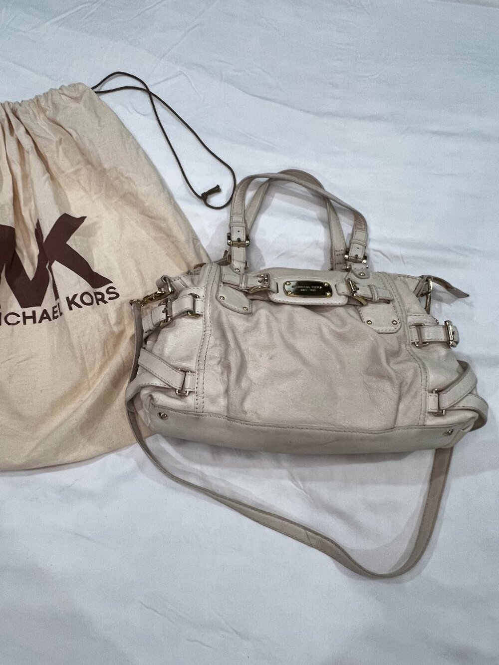Michael Kors Gansevoort Vanilla Leather Ruched Satchel Shoulder Bag